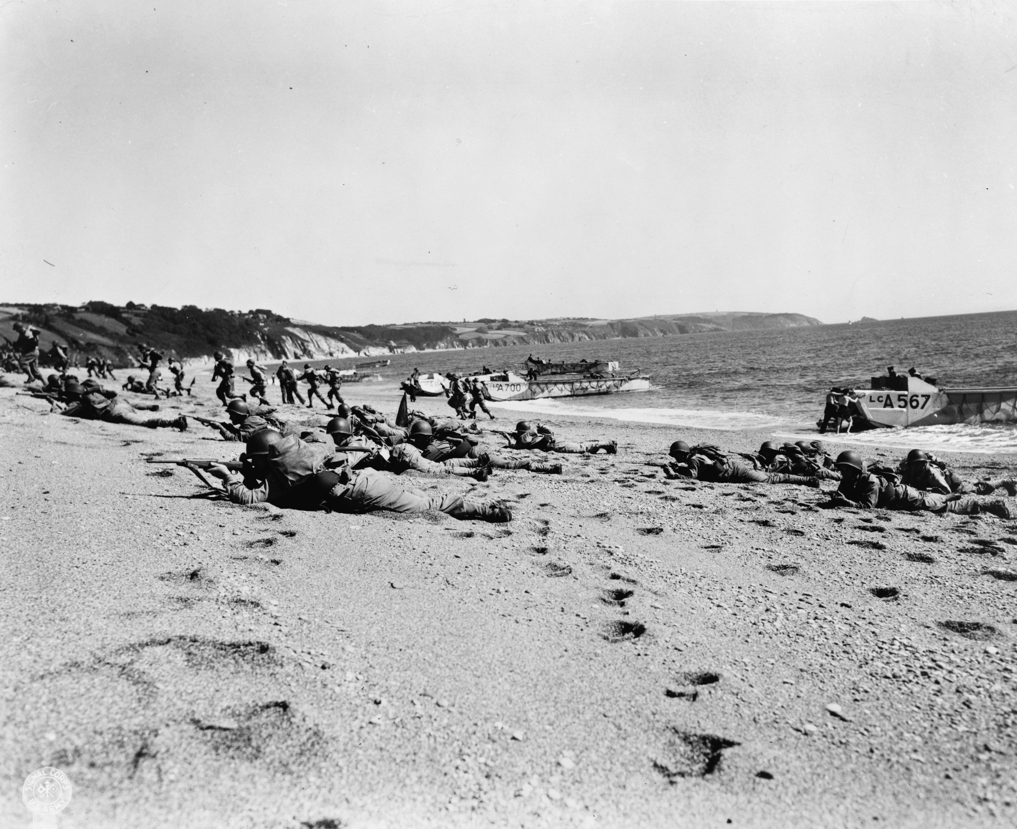 US troops conducting landing exercises at Slapton Sands, Devonshire, England, United Kingdom, 25 Apr 1944