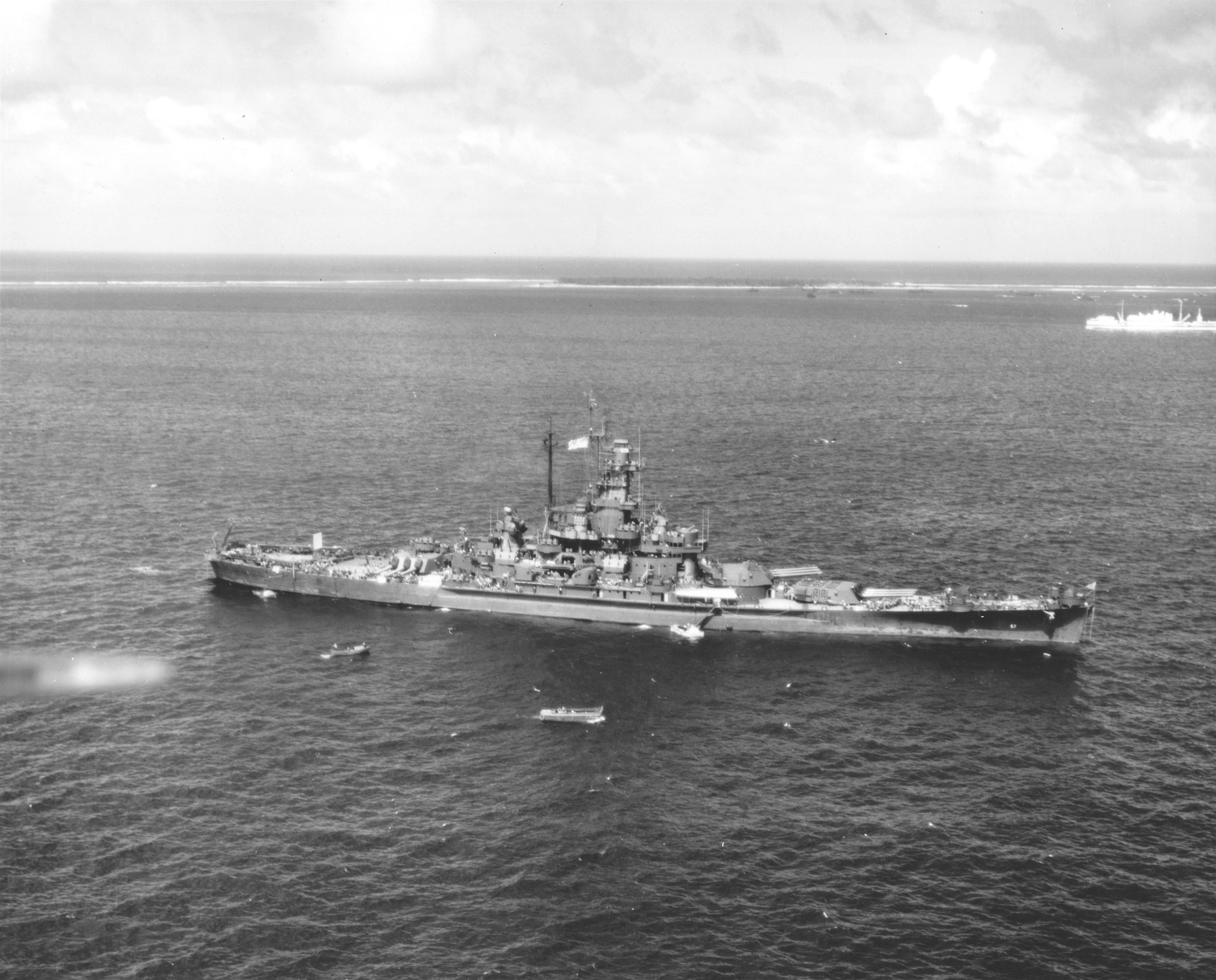 US Battleship South Dakota at anchor at Ulithi Atoll, 8 Dec 1944. Note Hospital Ship Samaritan at right.