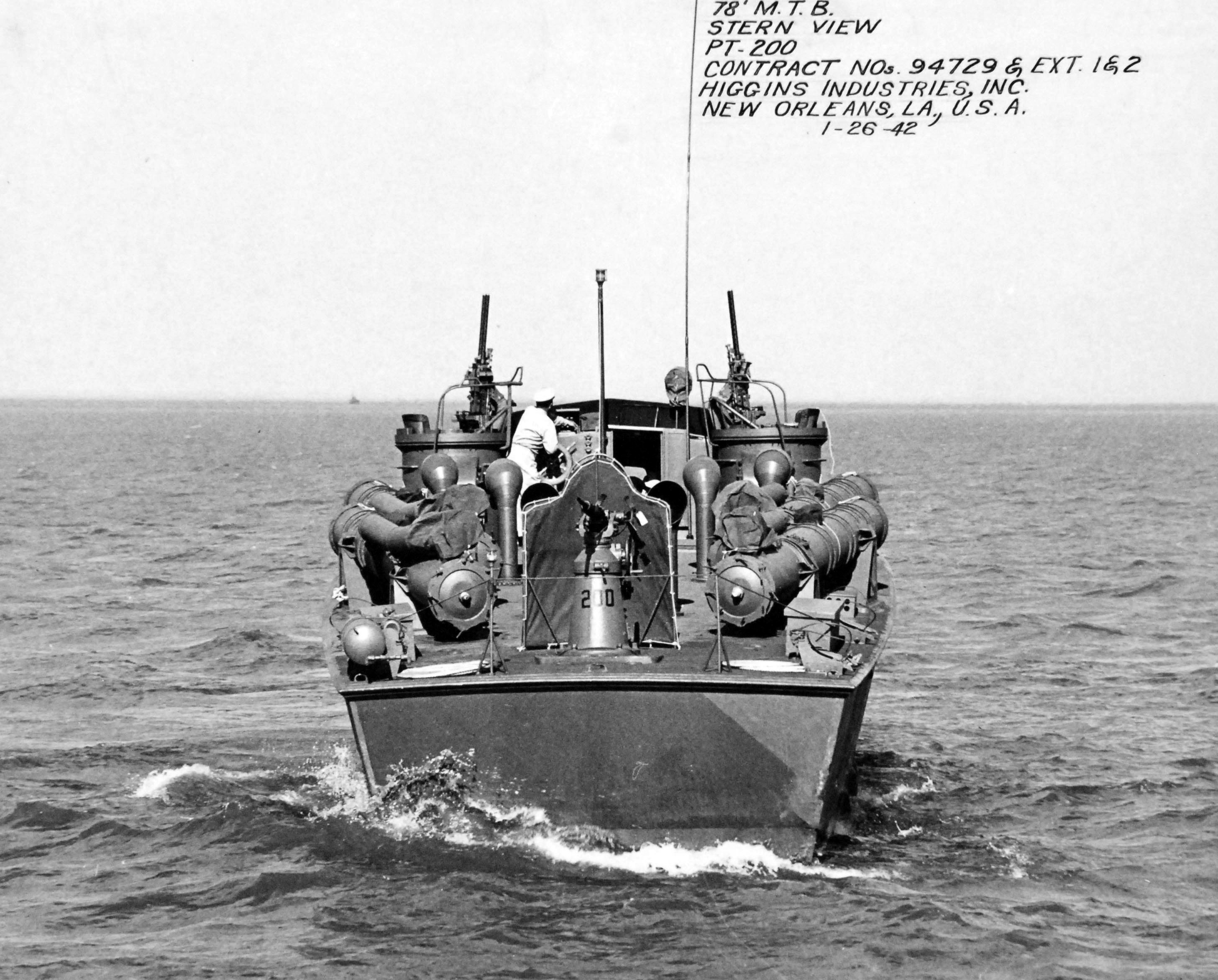 Higgins 78-foot PT Boat photographed 26 Jan 1943 by Higgins Industries in New Orleans, Louisiana before delivery to the US Navy. This boat went on to serve as PT-200 and spent her career as a training boat. Photo 5 of 6