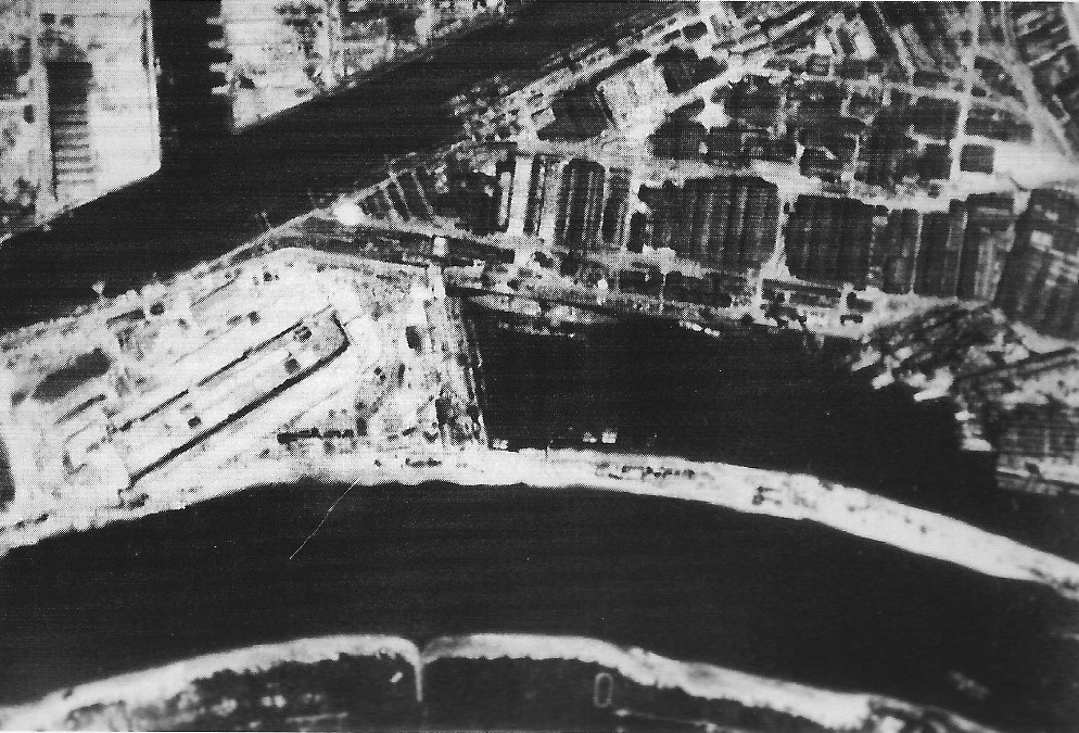 Aerial view of Deschimag shipyard, Bremen, Germany, summer 1943