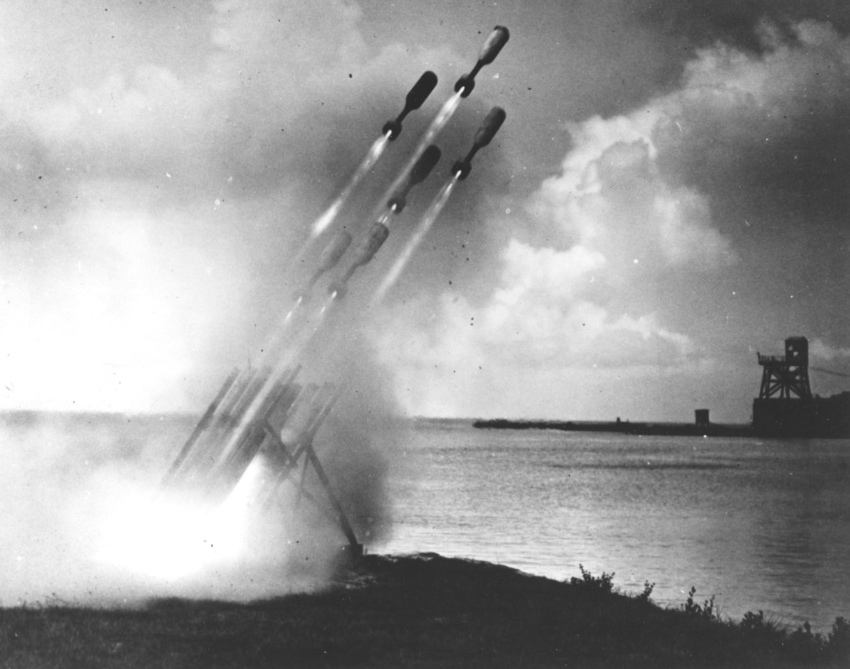 Shore launch test of the Mousetrap anti-submarine rocket system, Key West, Florida, United States, 14 Aug 1942