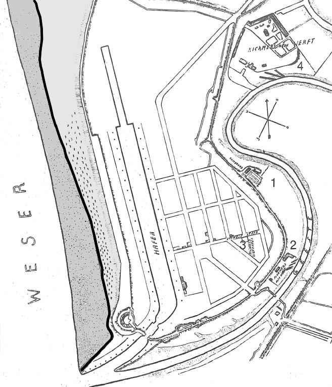 Shipyard modernization plan of Rickmers shipyard, Bremerhaven, Germany, drawn in 1860