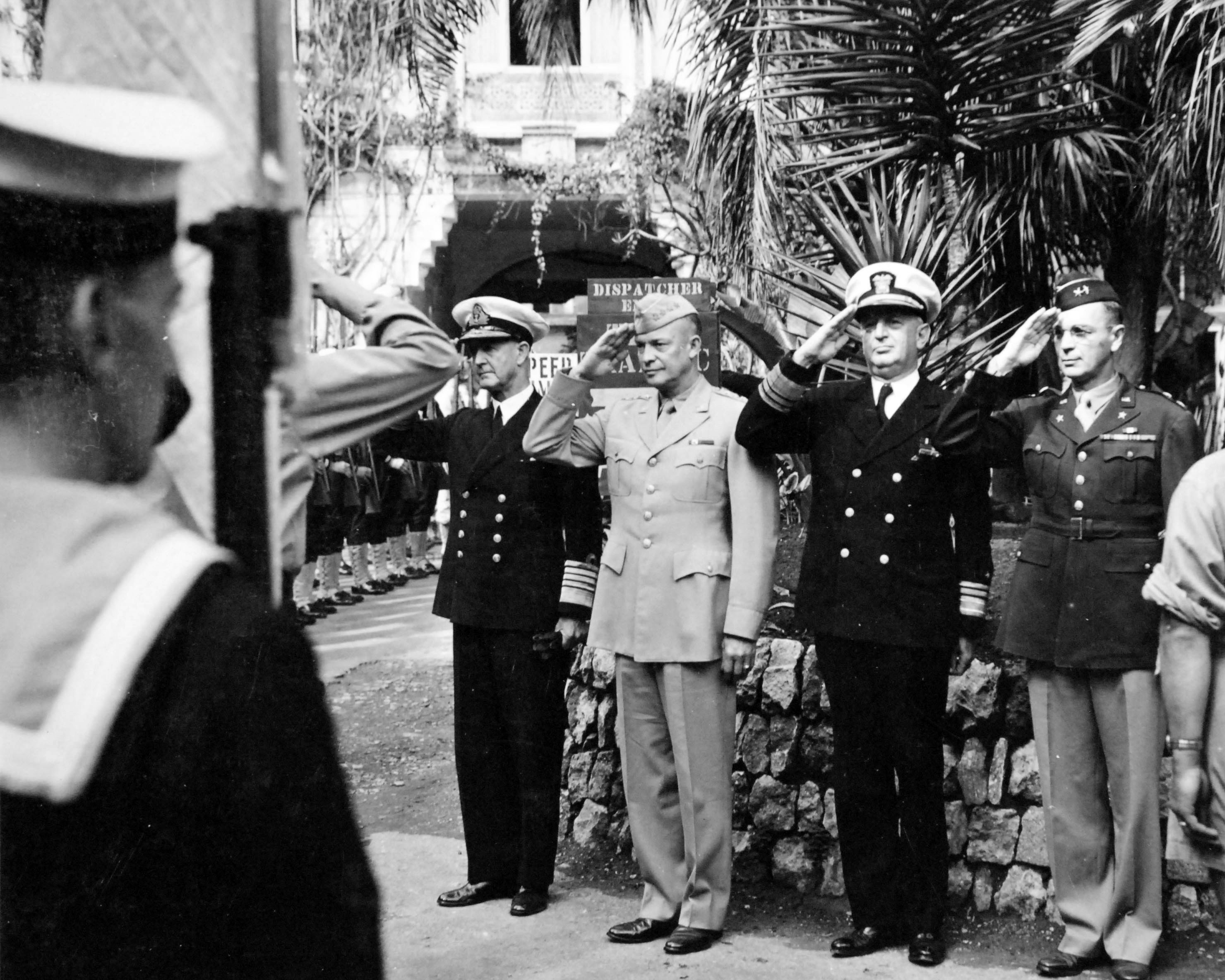 Sir Andrew Cunningham, Dwight Eisenhower, Henry Hewitt, and Walter Bedell Smith at Allied Forces Headquarters in Hotel St. George, Algiers, Algeria, 16 Oct 1943.
