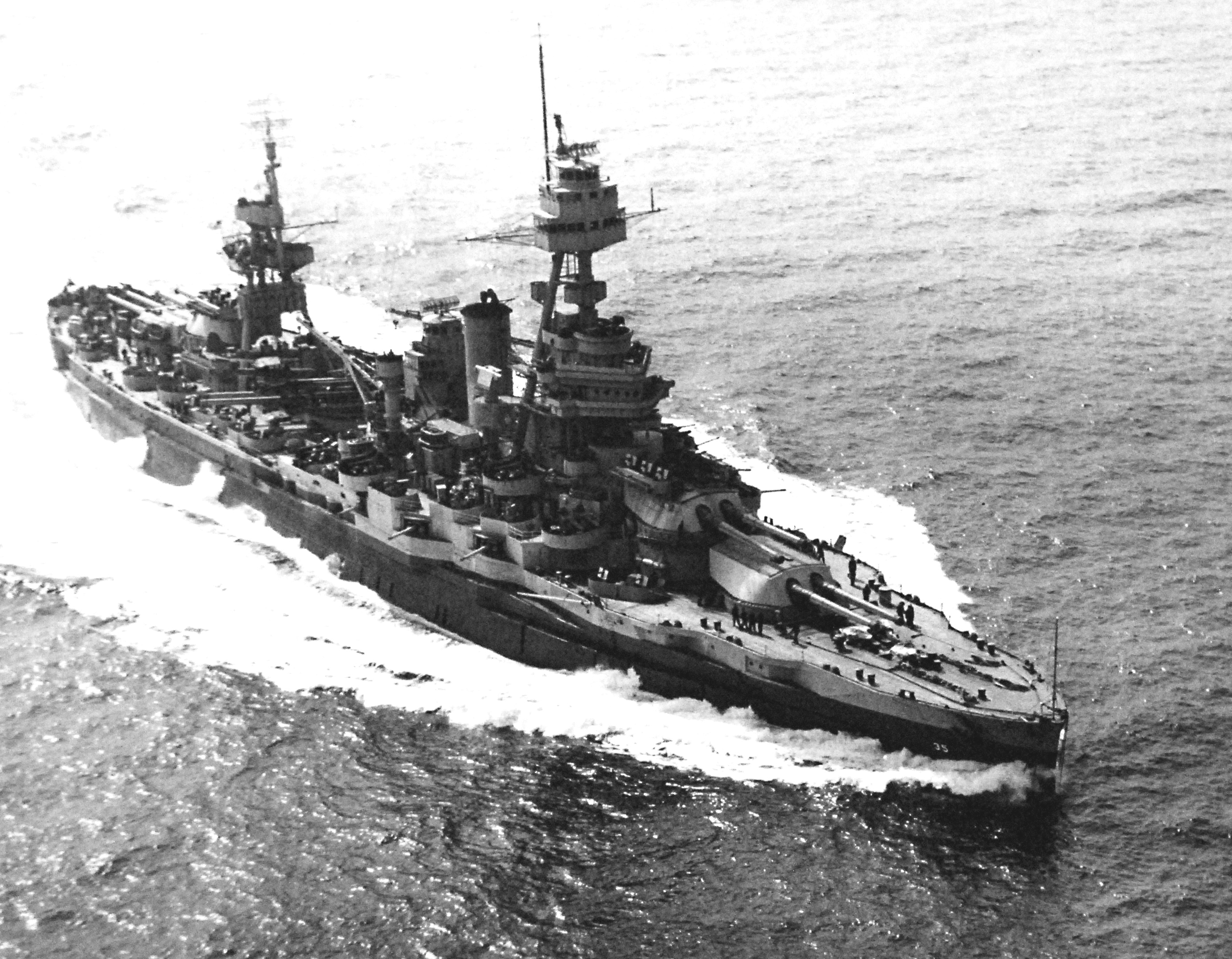 Battleship USS Texas in the Atlantic steaming from Casco Bay, Maine to New York, New York to assume duties in escorting convoys across the Atlantic, 1 Apr 1944.