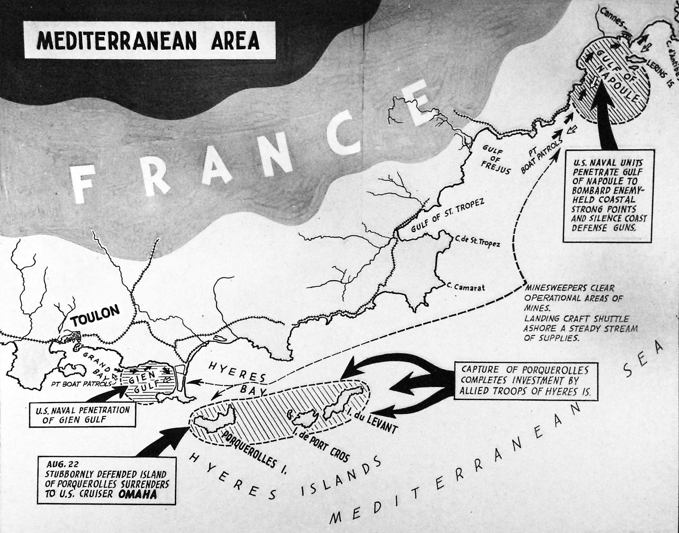 Strategic map of the United States Navy’s actions during the landings in Southern France, 15 Aug 1944.