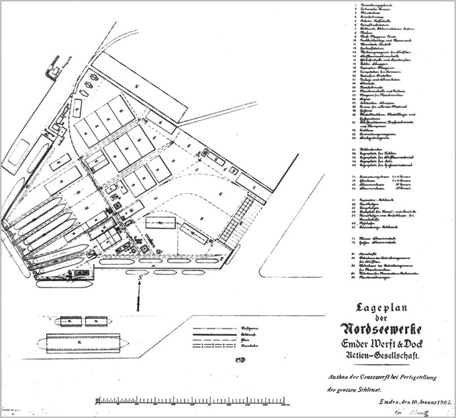 Plan of Nordseewerke shipyard in Emden, Germany, 10 Jan 1905