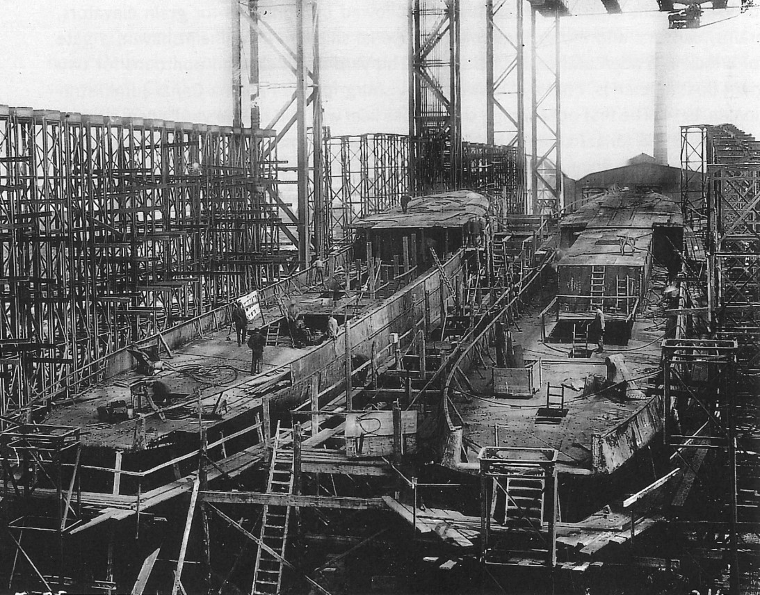 Ships Danzig and Theben under construction on Slip I of Nordseewerke shipyard, Emden, Germany, 1920 or 1921