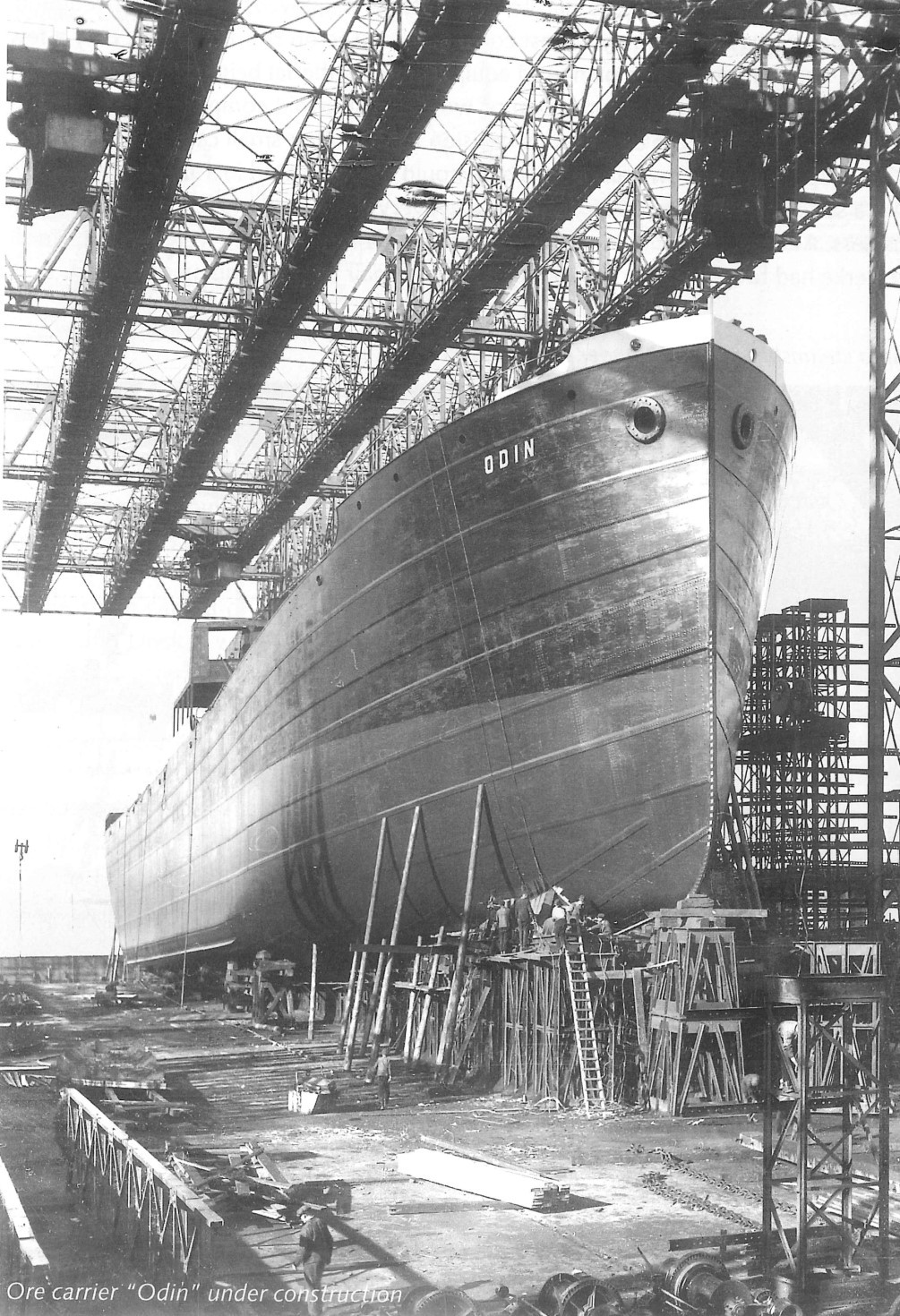 The 5,800-ton cargo ship Odin nearing completion on Slip II of Nordseewerke shipyard, Emden, Germany, 1929
