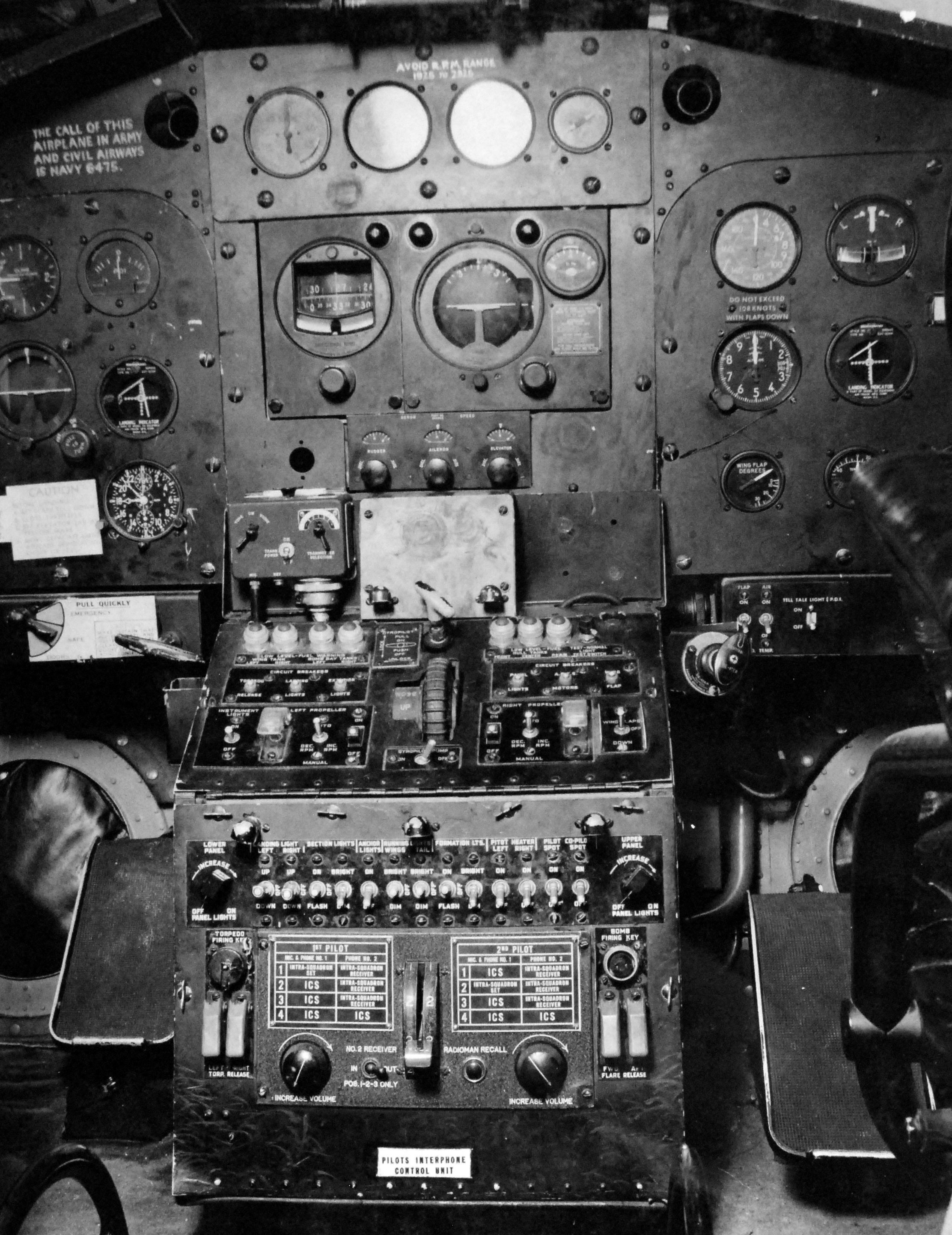 Instrument panel of a Martin PBM-3R Mariner stationed at the Naval Air Station Banana River, Florida, United States, 24 Feb 1943. Photo 2 of 3.