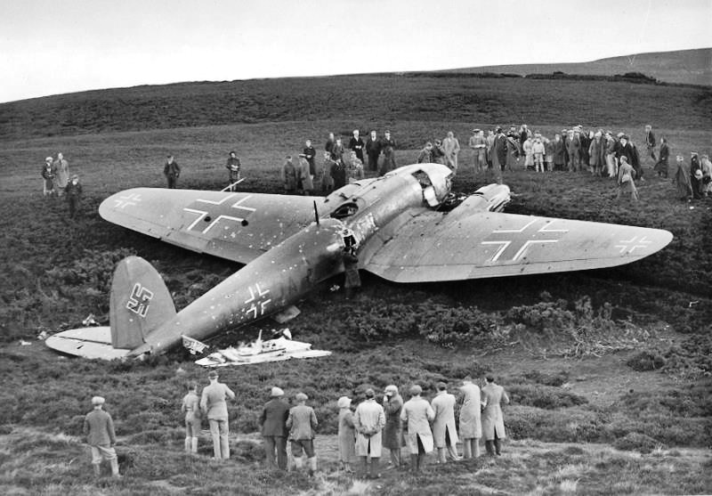 German He 111 medium bomber after crash landing near Humbie, Scotland, United Kingdom, 28 Oct 1939. This bomber was on a reconnaissance mission when it was shot down by British fighters.