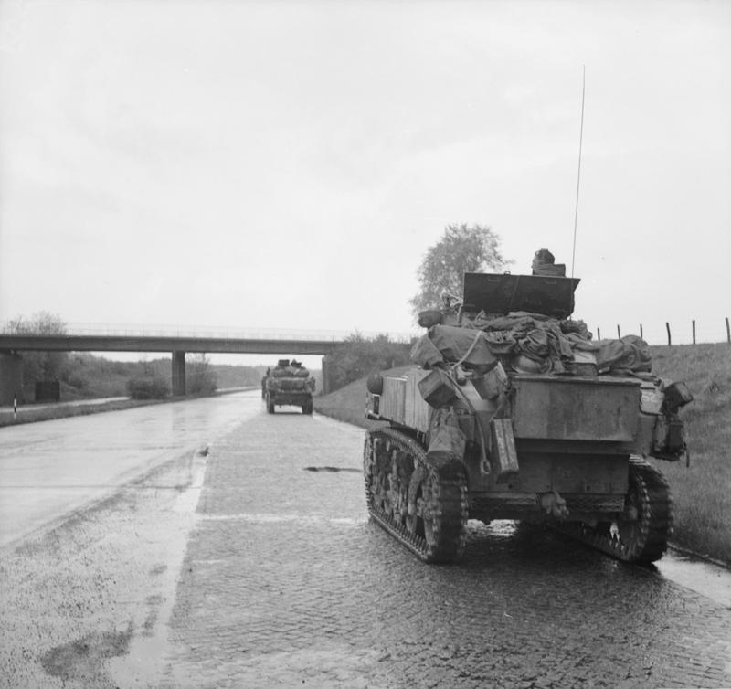 Stuart tank of the 3rd Royal Tank Regiment on the autobahn during the British Army’s approach to Lubeck in northern Germany, 2 May 1945.