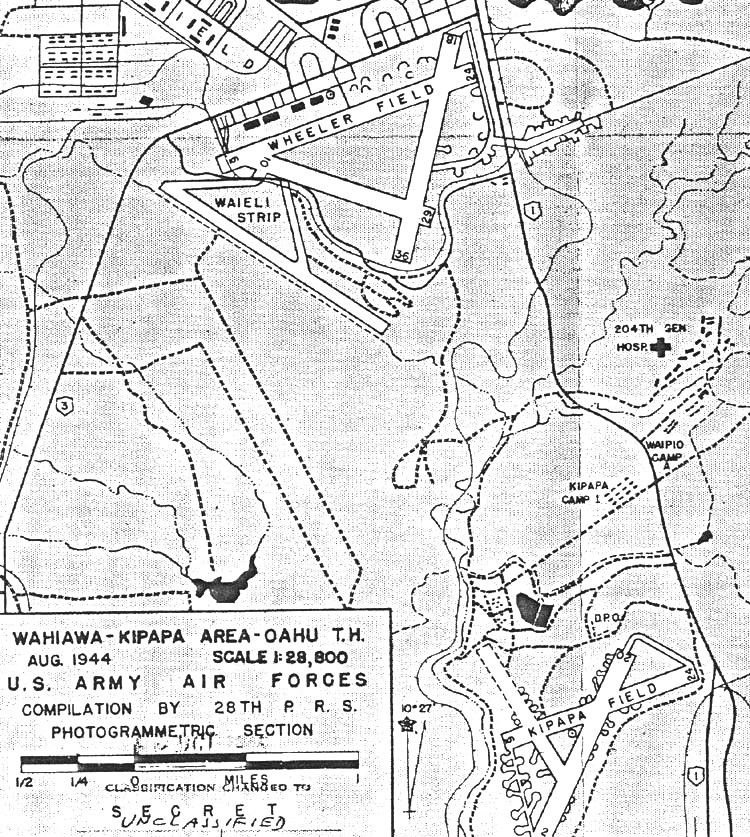 Aug 1944 chart of Wheeler Field, Oahu, Hawaii. This is one of the few charts that also shows the nearby Waieli Gulch airstrip and Kipapa Field, now covered with houses.