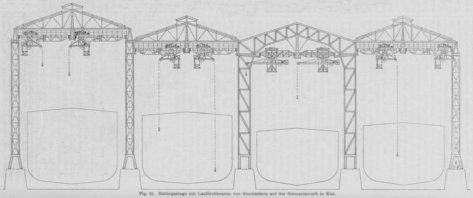 Drawing of Germaniawerft's slips I through IV, looking from Kiel harbor, Germany; note crane arrangement, size of vessel of each, and the building difference of slip II