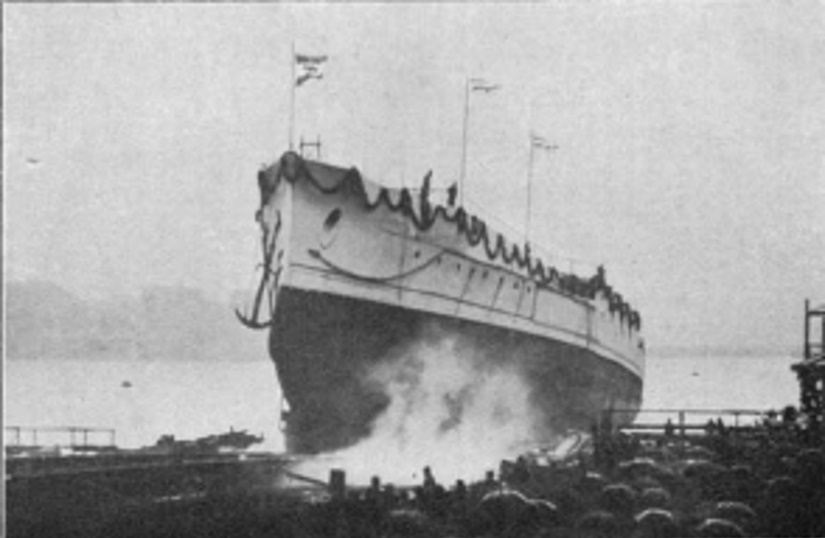 Launching of an unidentified vessel from the old shipyard's slip II, Germaniawerft yard, Kiel, Germany, date unknown