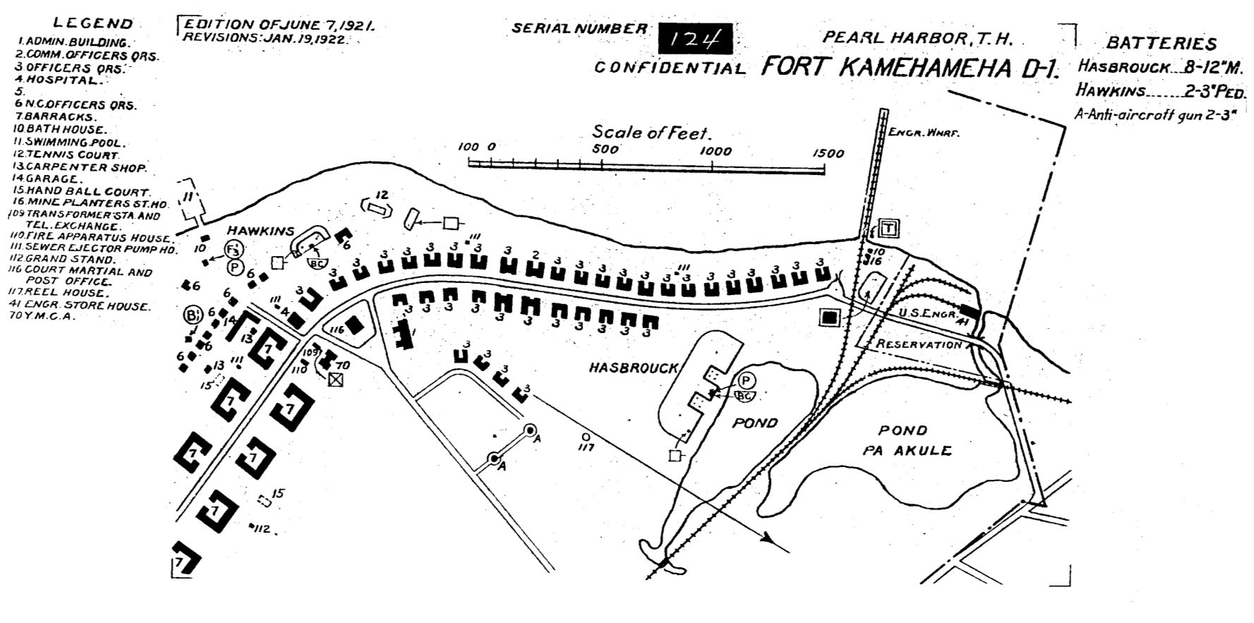 Plan of the western end of Fort Kamehameha at the entrance to Pearl Harbor, Oahu, Hawaii, 19 Jan 1922.
