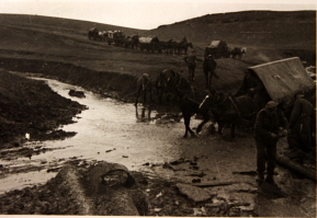 German horse-drawn logistics unit at a stream, date and location unknown