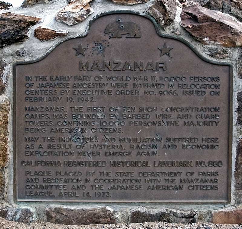 California historical marker at the main entrance of the Manzanar Relocation Center for deported Japanese-Americans, Inyo County, California, United States. The plaque was placed on 14 Apr 1973.