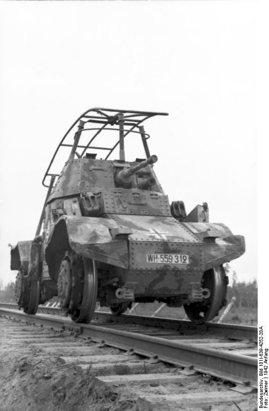 Captured French Panhard Type 178 armored car in German service as a scout rail vehicle, Eastern Europe, early 1942
