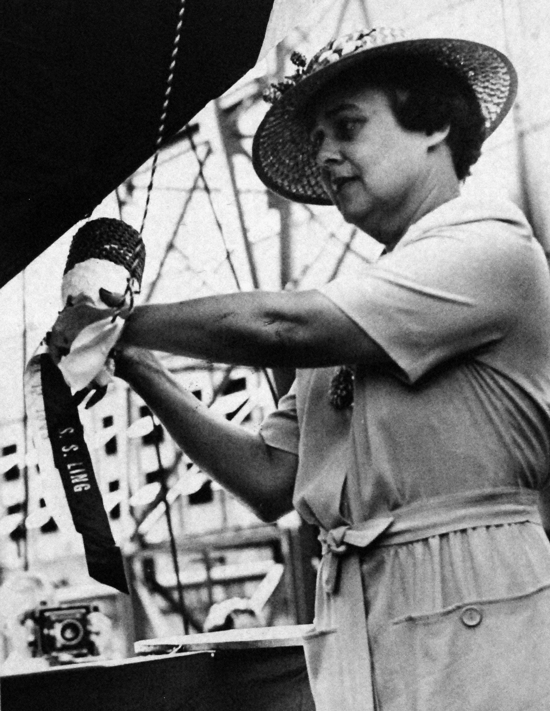 Mrs. E. J. Foy at the launching ceremony of submarine Ling, William Cramp & Sons shipyard, Philadelphia, Pennsylvania, United States, 15 Aug 1943