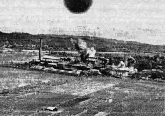 Kibi Sugar Refinery in Kizan, Takao Prefecture (now Qishan District, Kaohsiung), Taiwan under attack by B-25J bombers of USAAF 38th Bombardment Group, 14 May 1945