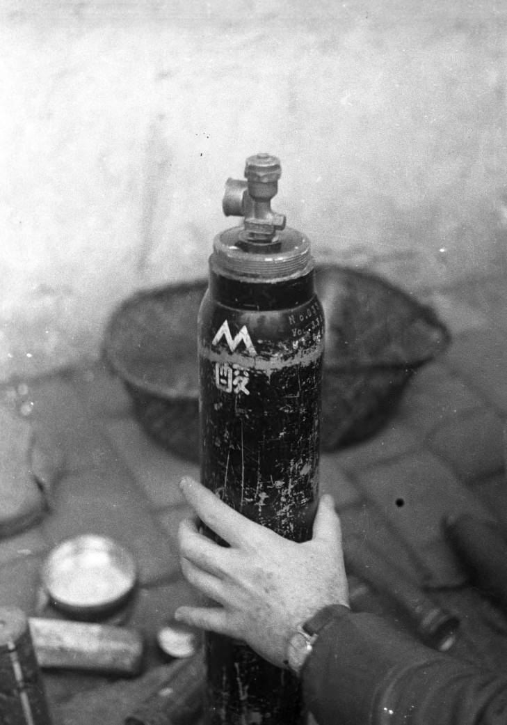 Captured Japanese chemical canister, Changde, Hunan Province, China, 25 Dec 1943