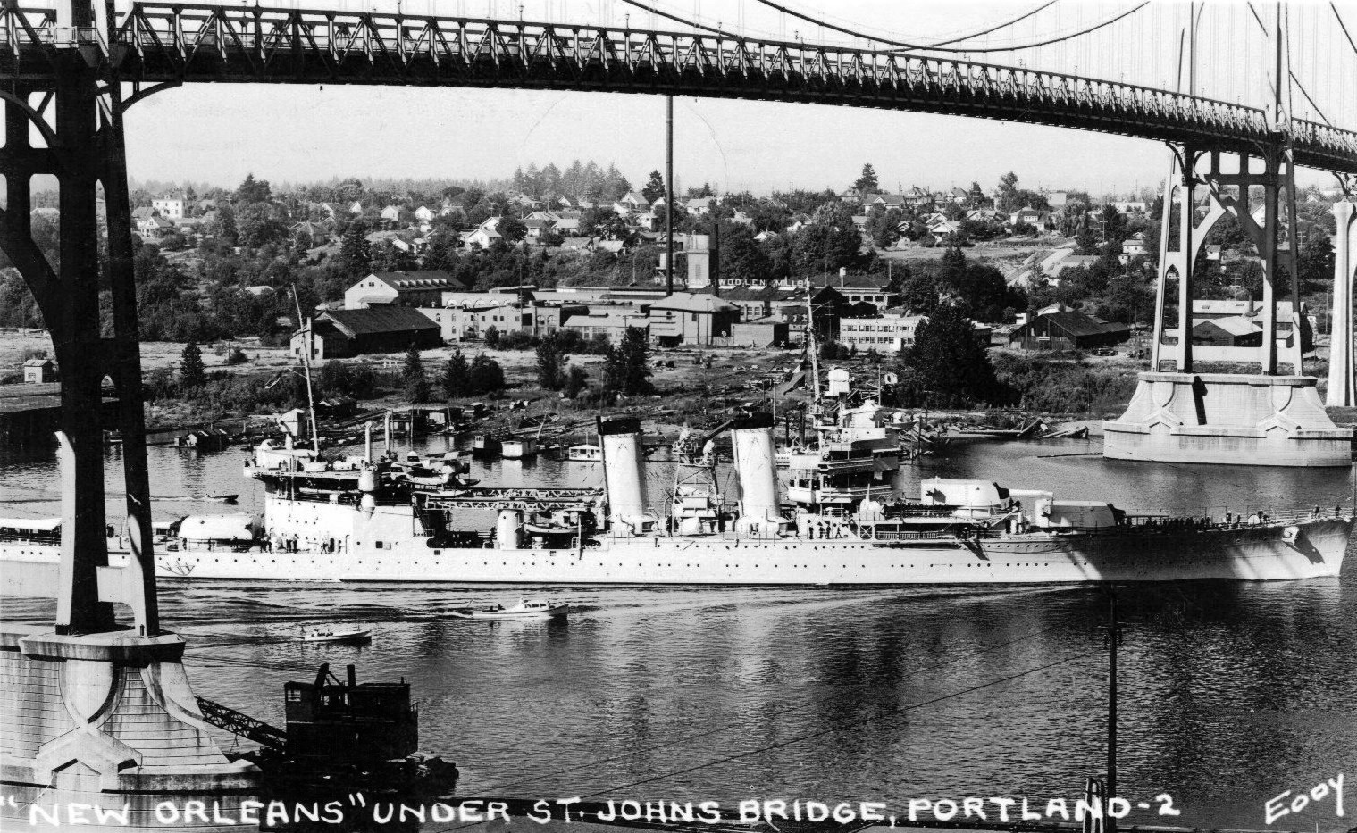 USS New Orleans arriving in Portland, Oregon, United States passing under the St Johns Bridge on the Willamette River, 2 Aug 1934. She was escorting USS Houston which had President Franklin Roosevelt on board.