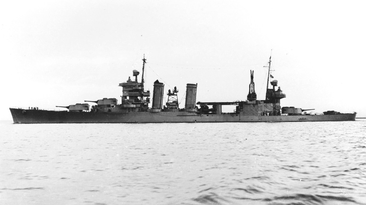 Portside broadside view of the cruiser USS New Orleans off Mare Island, California, United States, 9 Feb 1942.