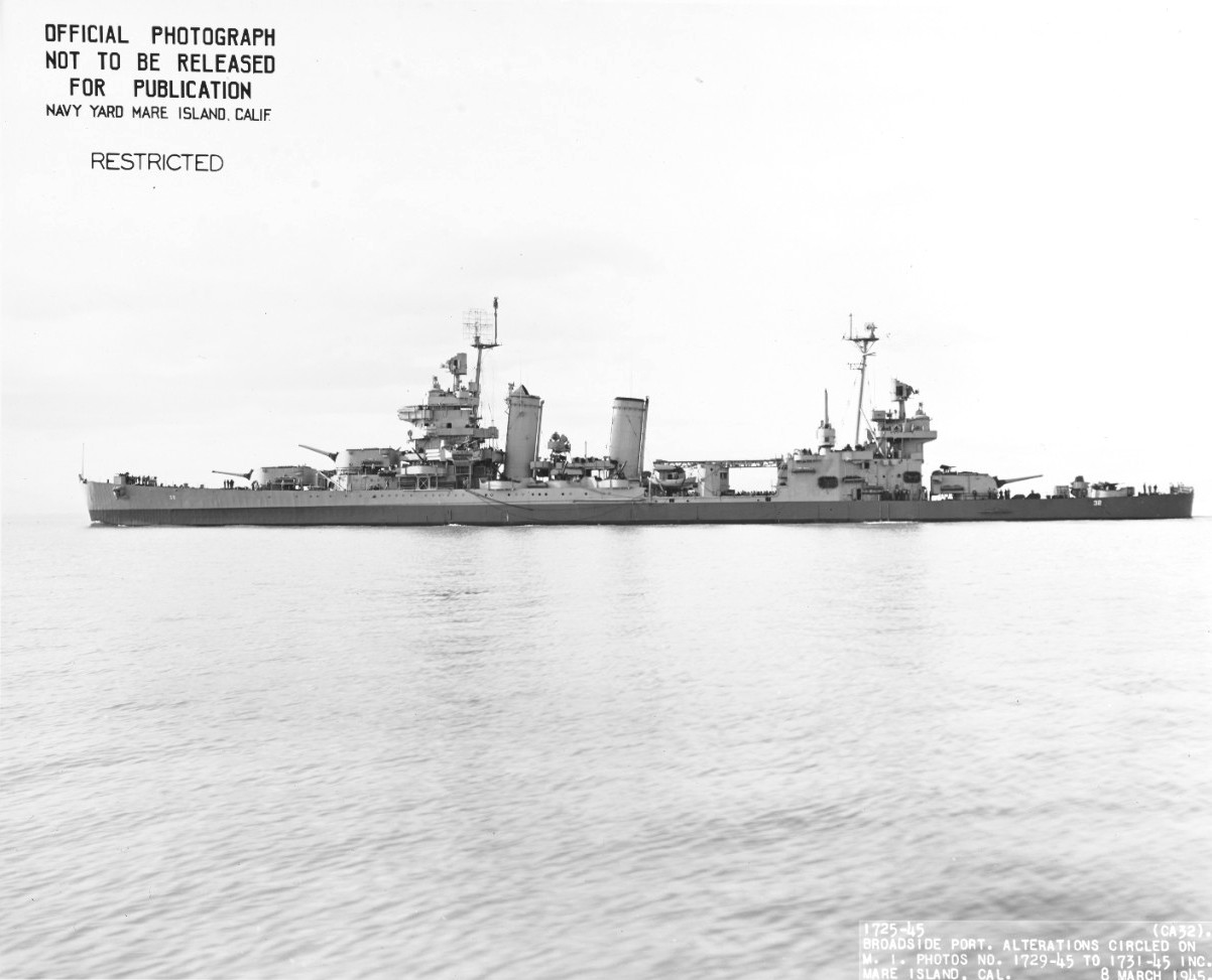 Portside broadside view of the cruiser USS New Orleans off Mare Island, California, United States, 8 Mar 1945.