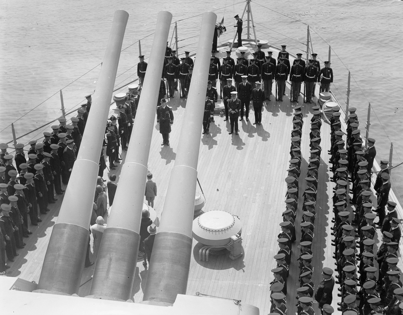 Commissioning ceremonies aboard the cruiser Northampton at the Bethlehem Steel Fore River Shipyard in Quincy, Massachusetts, United States, 17 May 1930. Note the senior officers in their cocked hats.
