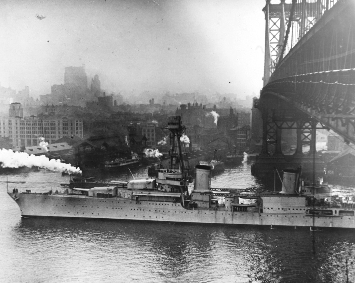 USS Northampton on the East River under Manhattan Bridge, New York City, New York, United States, 1930s.