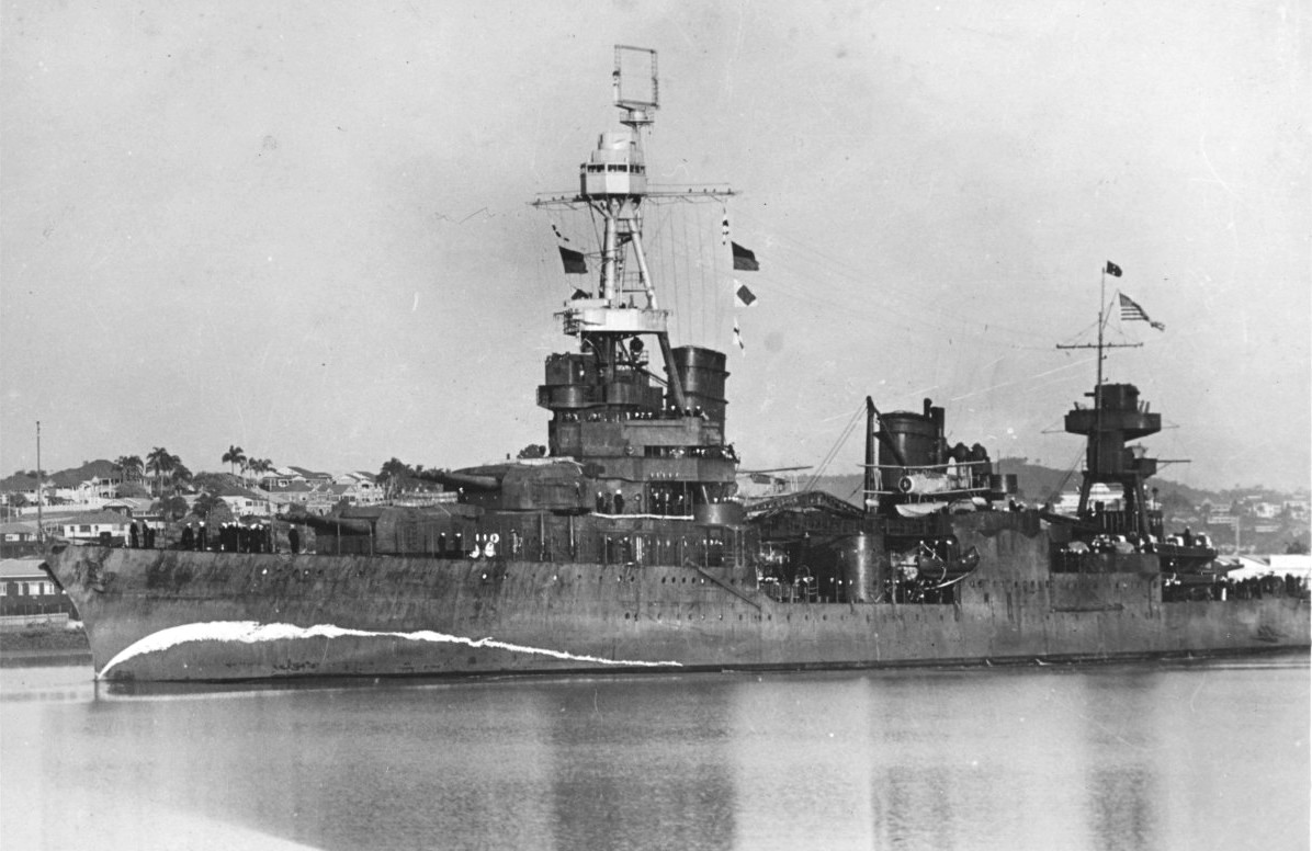 Cruiser USS Northampton arriving at Brisbane, Australia, 5 Aug 1941. Note her false bow wave camouflage. Photo 2 of 2.