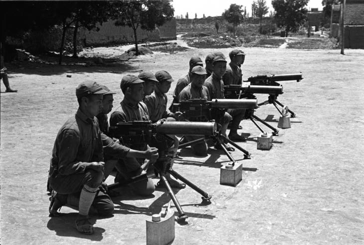 Chinese communist troops with Browning M1917 machine guns, Shaanxi Province, China, 1944