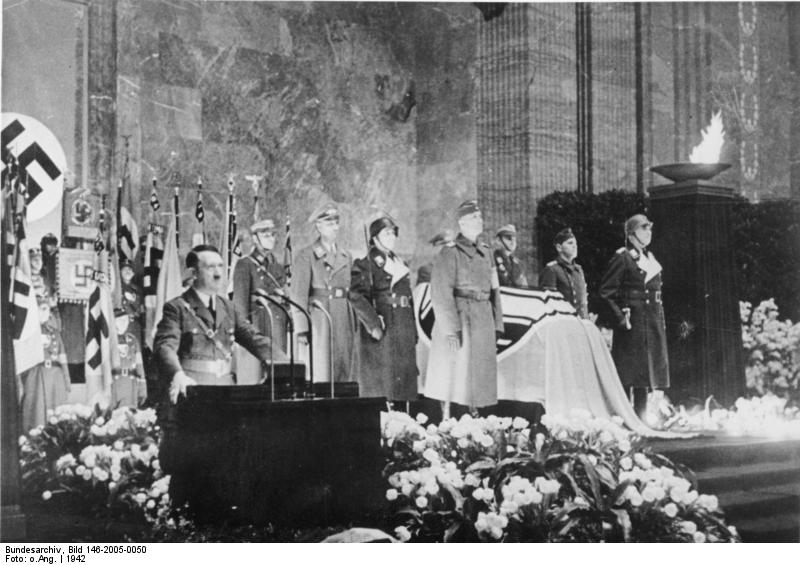 Adolf Hitler speaking at Fritz Todt's funeral, Berlin, Germany, 12 Feb 1942