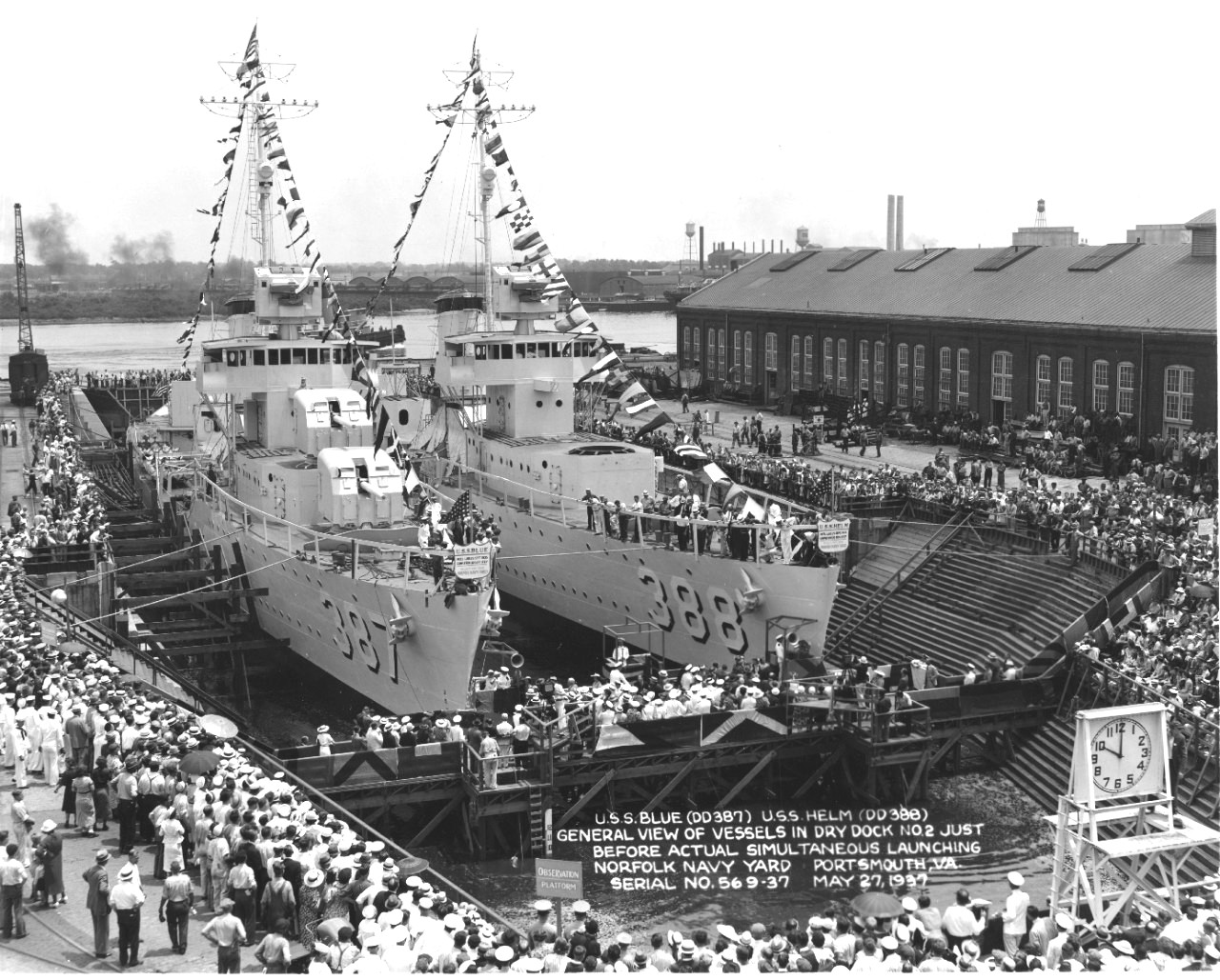 Bagley-class destroyers Blue and Helm on 27 May 1937, the date of their launching, in Drydock #2 at Norfolk Navy Yard, Portsmouth, Virginia, United States.