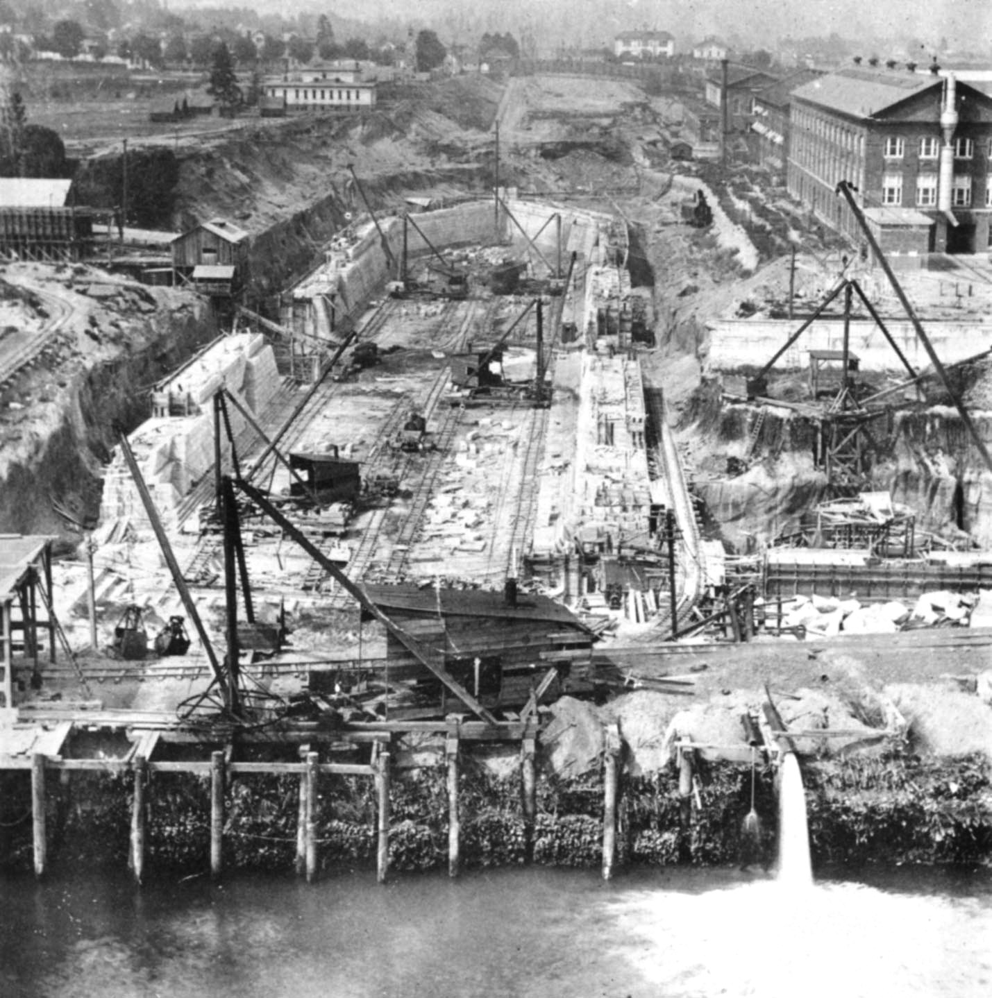 Puget Sound Naval Shipyard in Bremerton, Washington, United States with dry dock number two under construction, circa 1911.