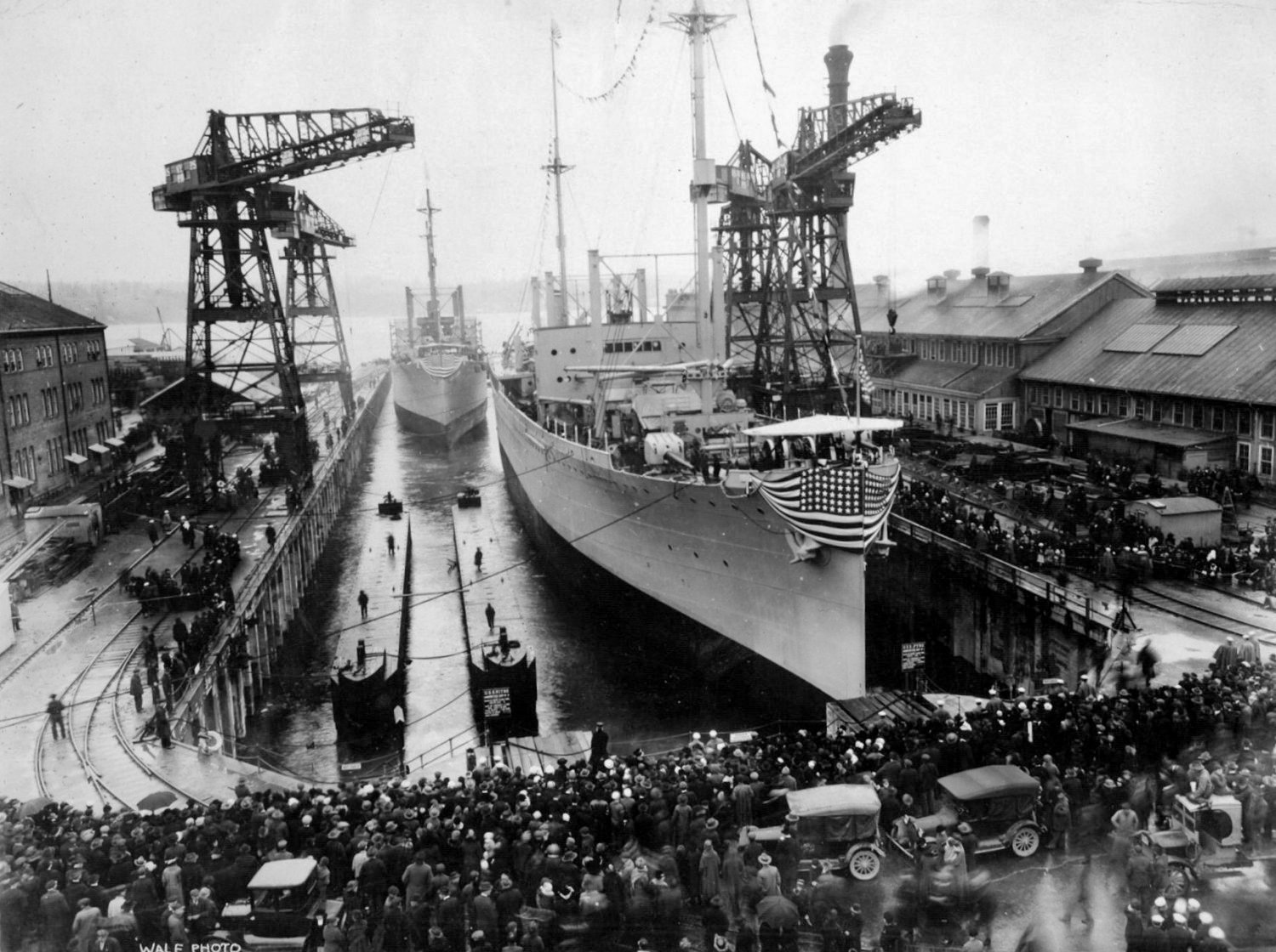 After ammunition ships Pyro and Nitro were christened at the Puget Sound Naval Shipyard, Bremerton, Washington, United States, the drydock was flooded for their launching, 16 Dec 1919.