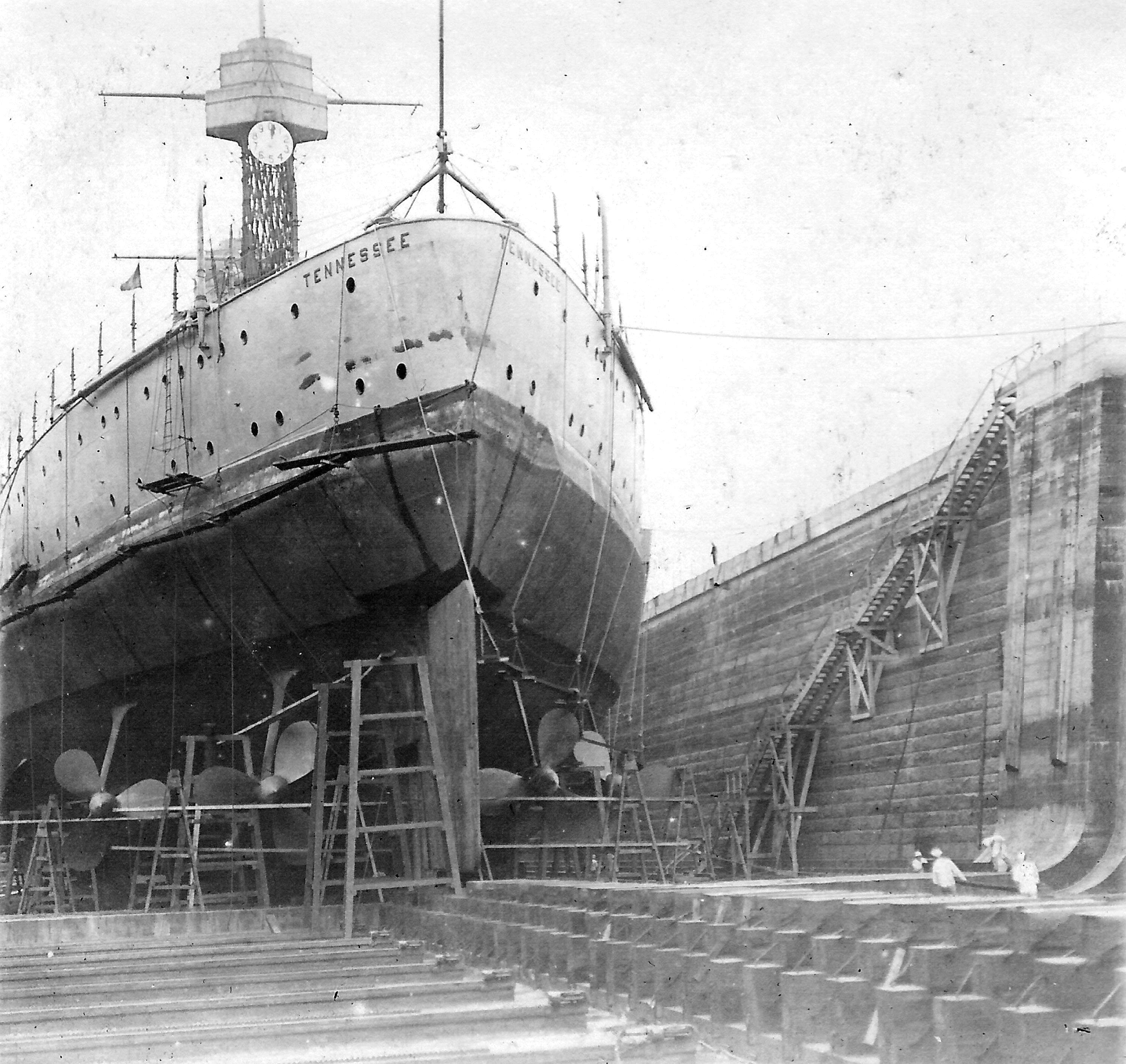 Battleship USS Tennessee in drydock at the Puget Sound Naval Shipyard, Bremerton, Washington, United States, late in 1921.