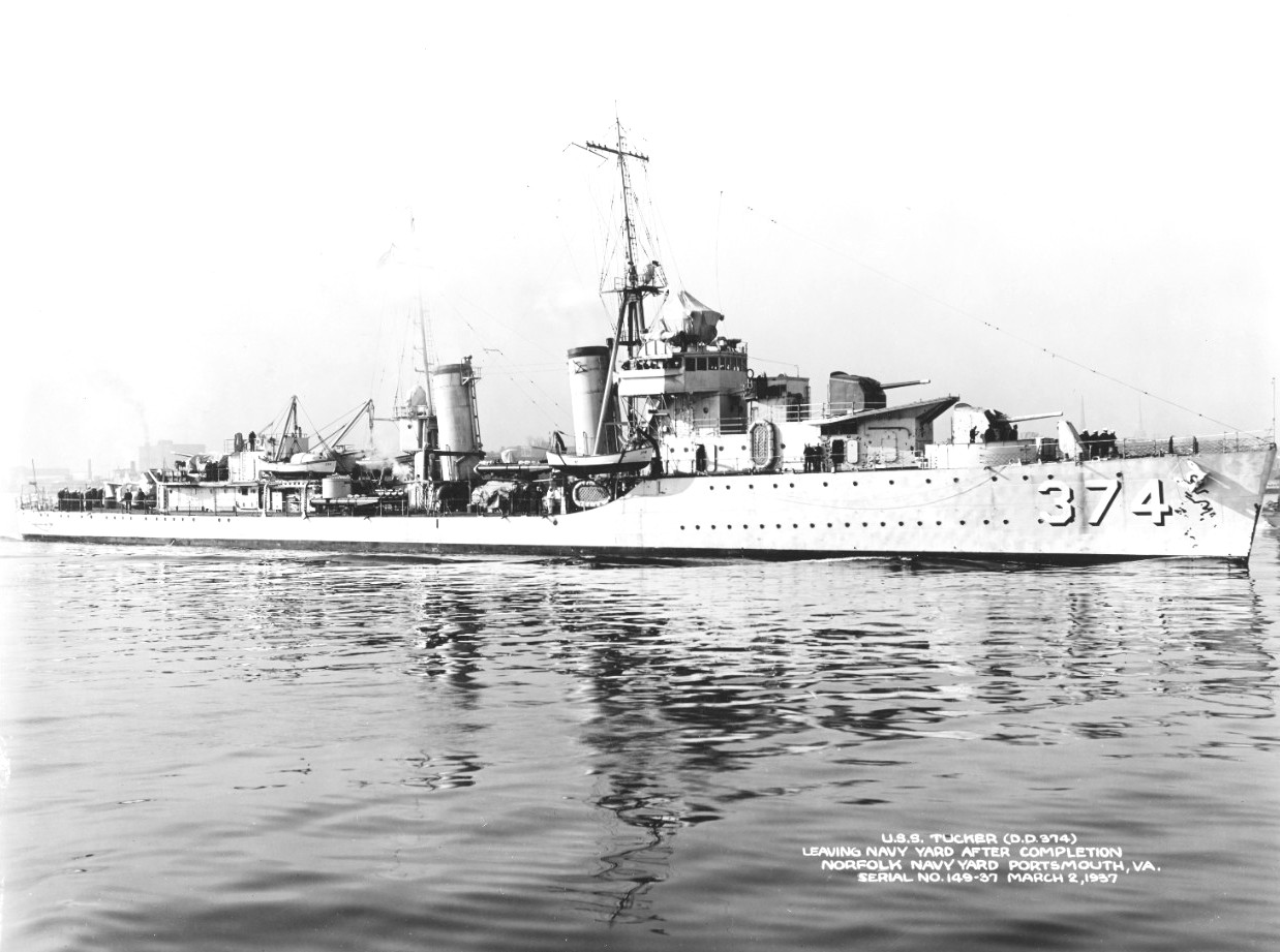 Mahan-class destroyer USS Tucker leaving Norfolk Navy Yard after completion, 2 Mar 1937.