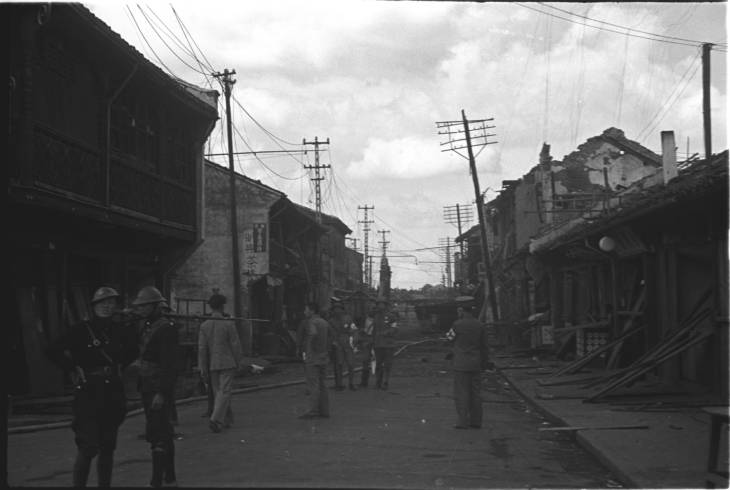 Damaged buildings, Shanghai, China, mid-1937
