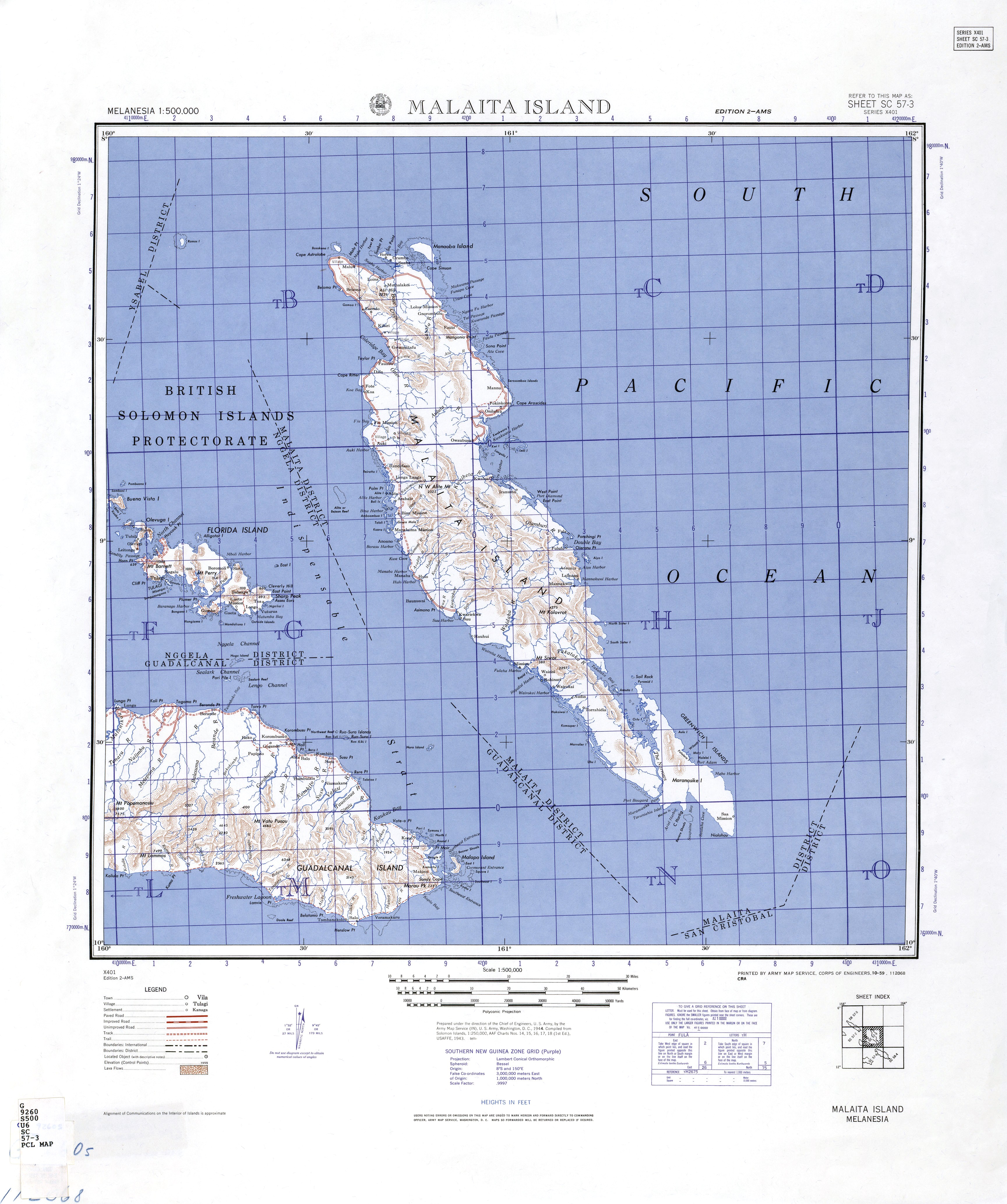 1944 United States Army map of Malaita Island and the eastern end of Guadalcanal in the Solomon Islands.