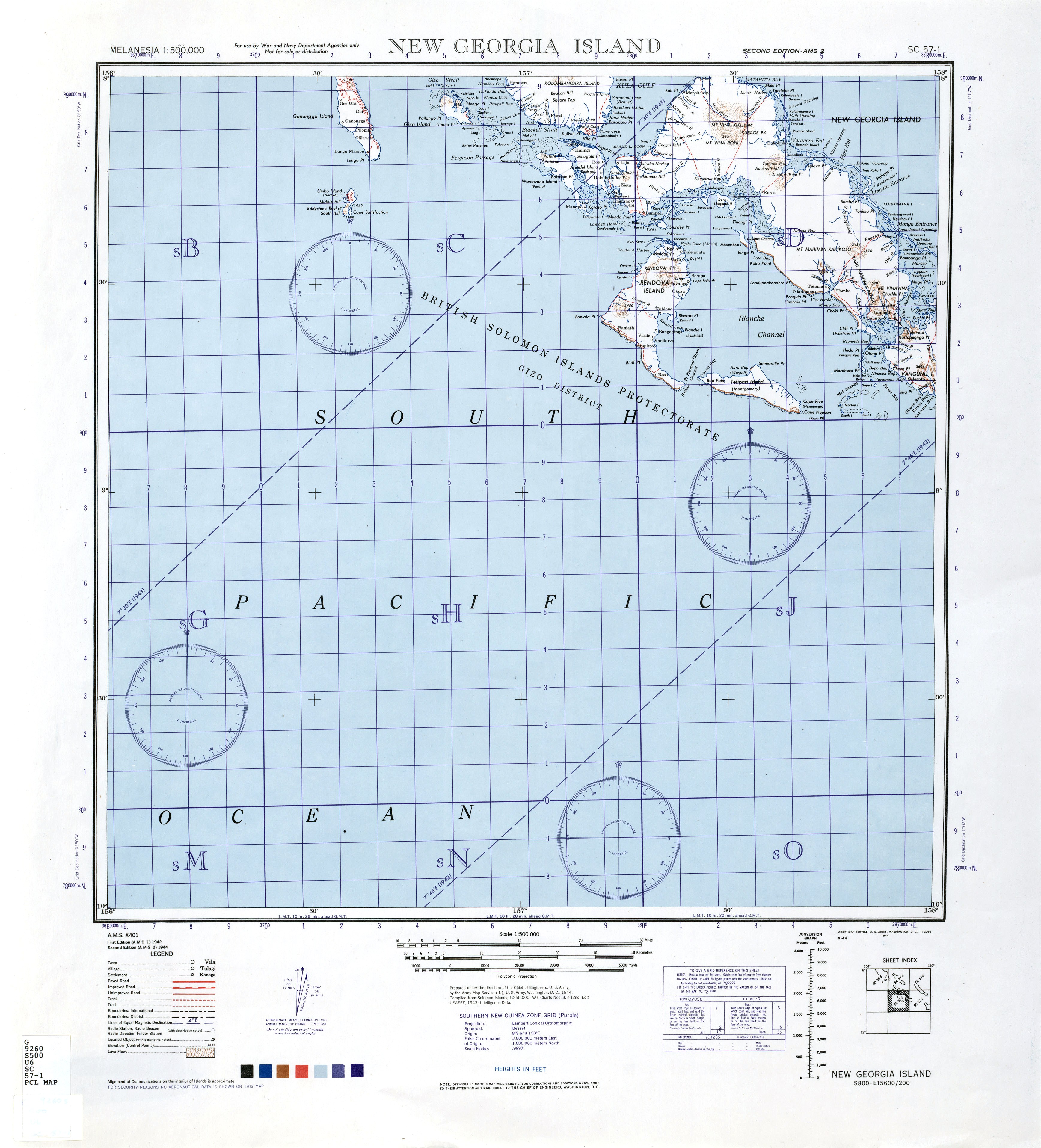 1944 United States Army map of New Georgia and Rendova Islands with a portion of the Solomon Sea in the Solomon Islands.
