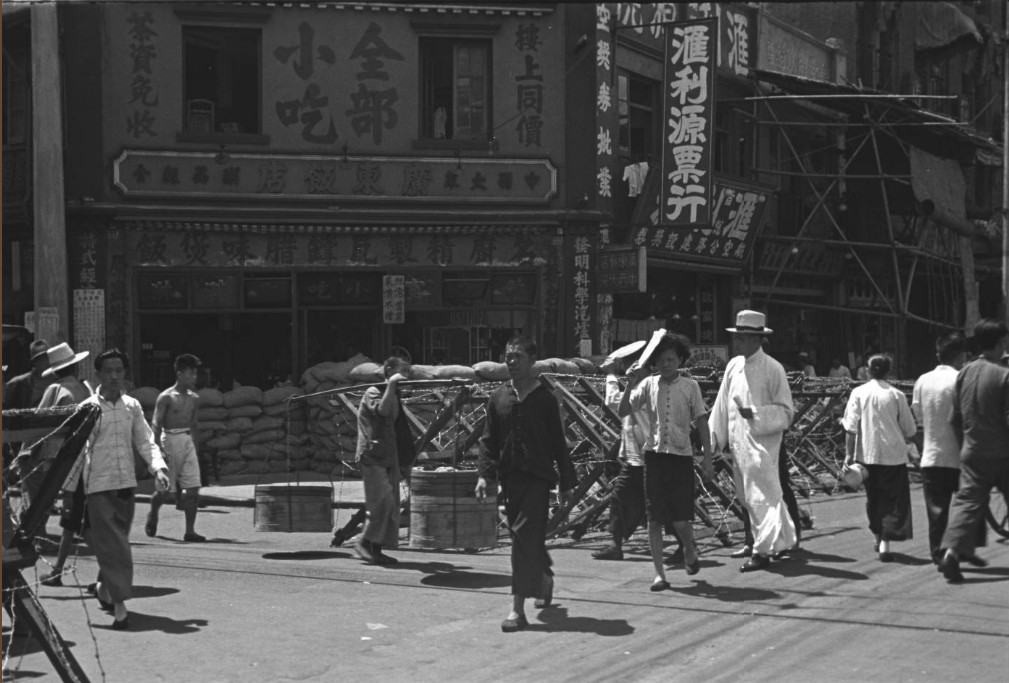 Restaurant protected by sandbags, French Concession Zone, Shanghai, China, mid-1937