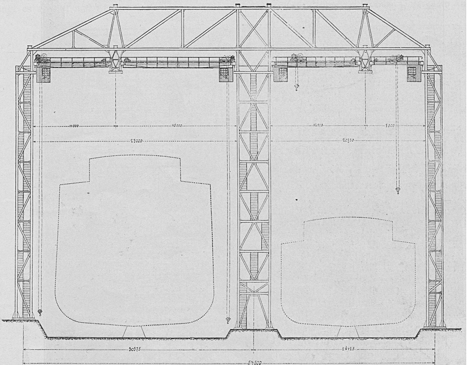 Cross section drawing of the slipways of AG Vulcan Stettin shipyard, Germany, date unknown