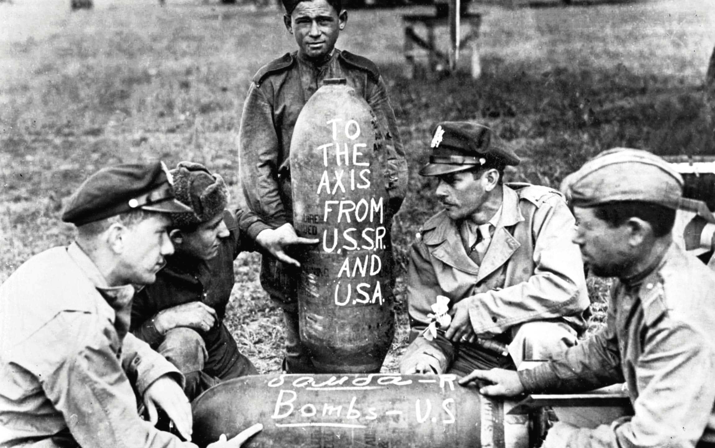 American and Soviet servicemen address bombs to Germany at Poltava Air Base, Ukraine as part of Operation Frantic, summer 1944.