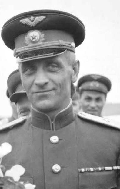 Soviet Air Force Major General Alexei R. Perminov, commander of the air base at Poltava, Ukraine on the occasion of welcoming the first American Operation Frantic bombers to the base, 2 Jun 1944.