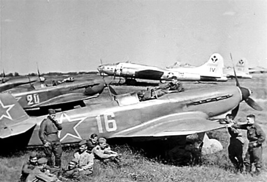 Soviet Yak-9 fighters and American B-17 Fortress bombers of the 99th Bomb Group based in Italy, along with Soviet and American crews, at Poltava, Ukraine as part of Operation Frantic, 21 Jun 1944.