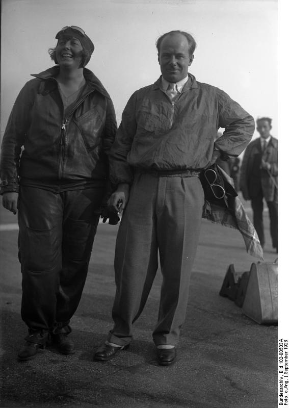 Thea Rasche and Ernst Udet at Tempelhof Airport, Berlin, Germany, Sep 1928, photo 2 of 2