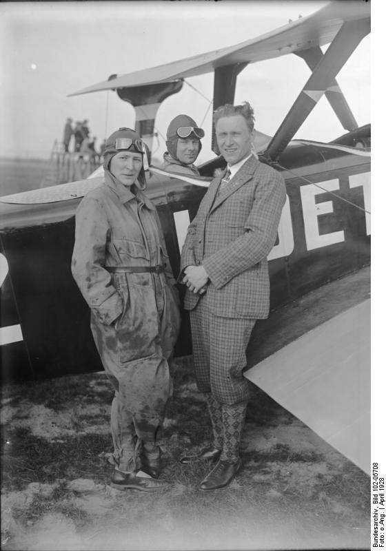 Pilots Marga von Etzdorff, Ernst Udet (in U 12 Flamingo aircraft cockpit), and Gerhard Fieseler, Staaken, Germany, Apr 1928
