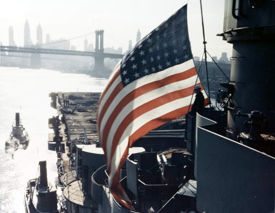 USS Franklin in New York Harbor, New York, United States, 28 Apr 1945