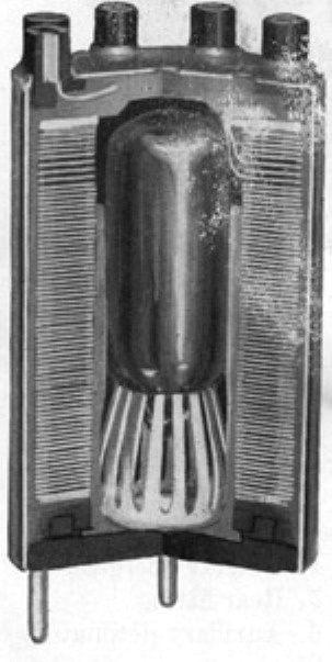 Cutaway of the electrical energizer for the VT proximity fuze developed by the National Carbon Corporation, from a 1946 Bureau of Ordnance publication.